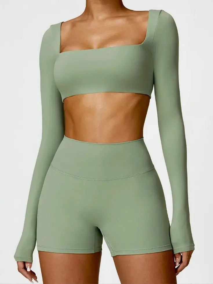 Ensemble Sport Femme 2 Pièces - Soutien-Gorge à Manches Longues et Short Taille Haute - 004