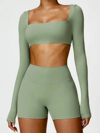 Ensemble Sport Femme 2 Pièces - Soutien-Gorge à Manches Longues et Short Taille Haute - 004