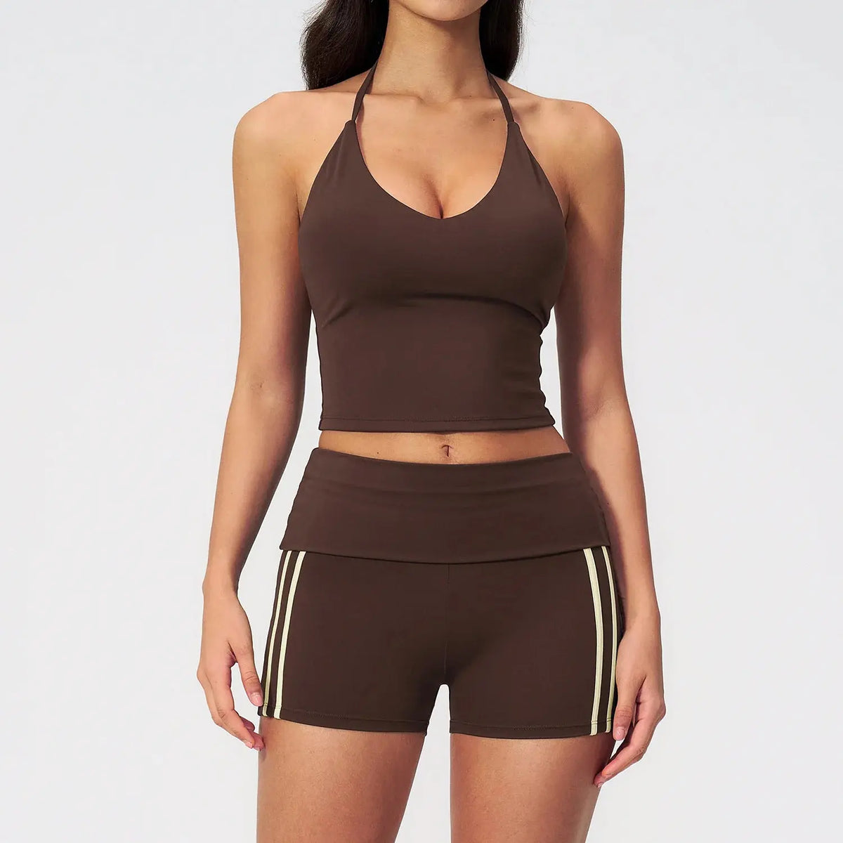 Ensemble Fitness Femme à Bretelles en T - Short Taille Haute Repliable