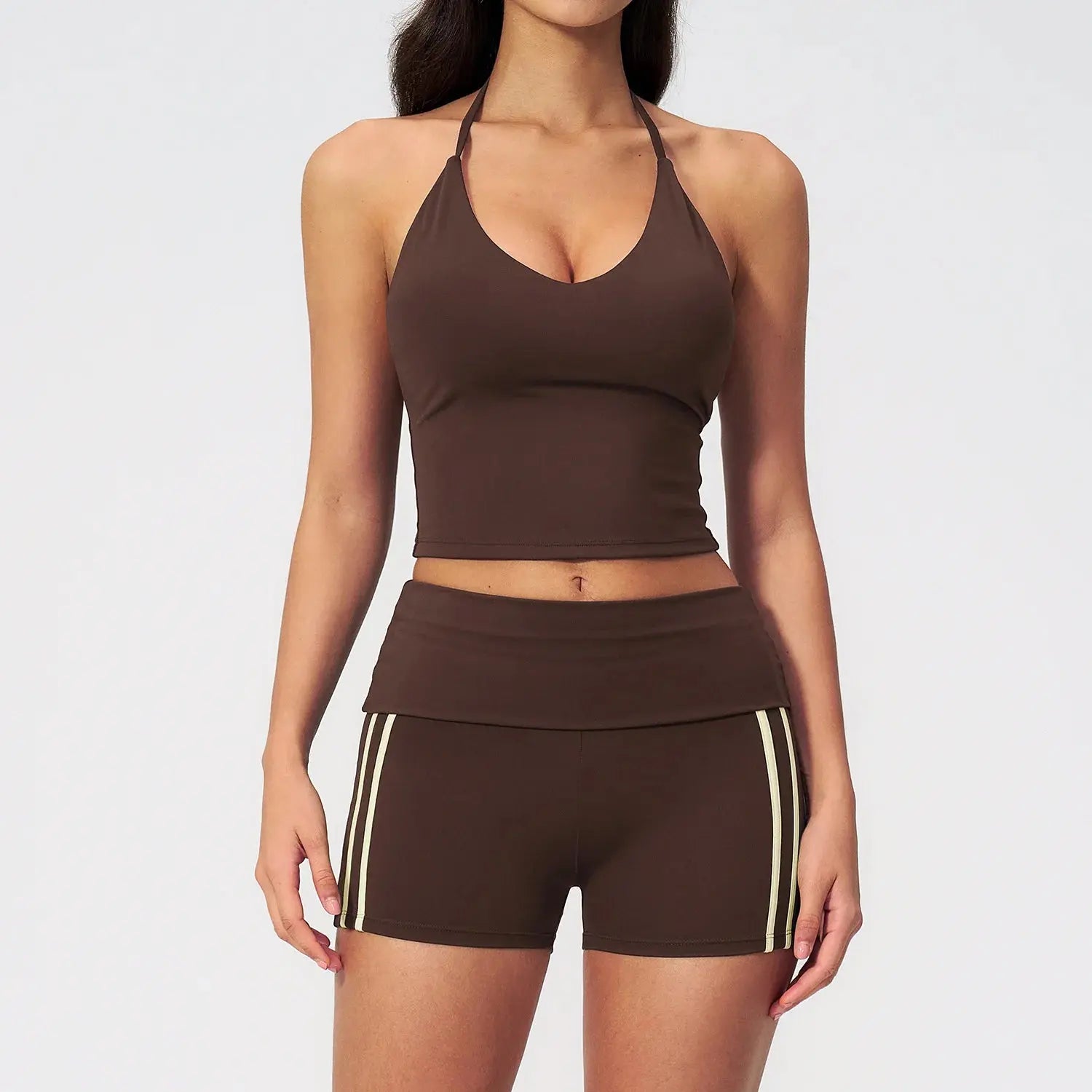 Ensemble Fitness Femme à Bretelles en T - Short Taille Haute Repliable