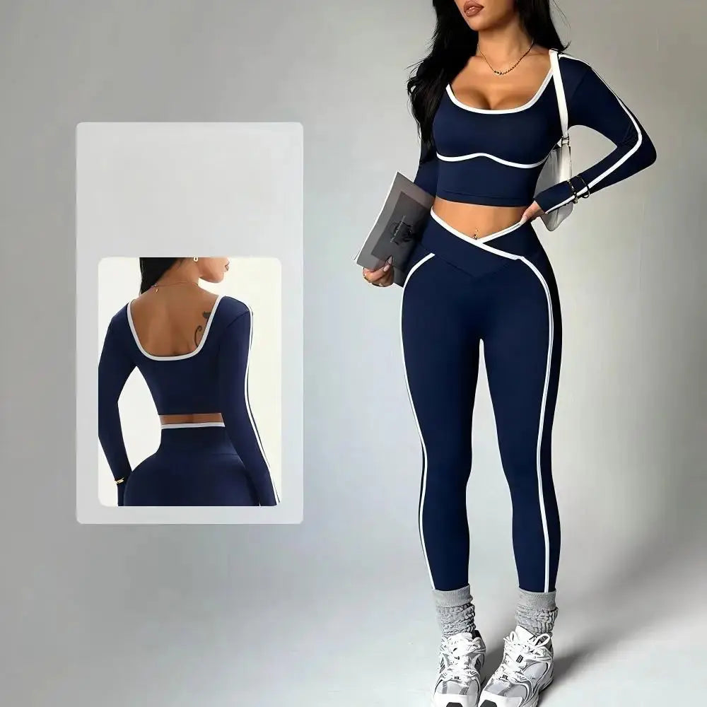 Ensemble Sport Femme 2 Pièces - Haut à Manches Longues Col Halter et Legging Taille Haute Contraste - tz4218