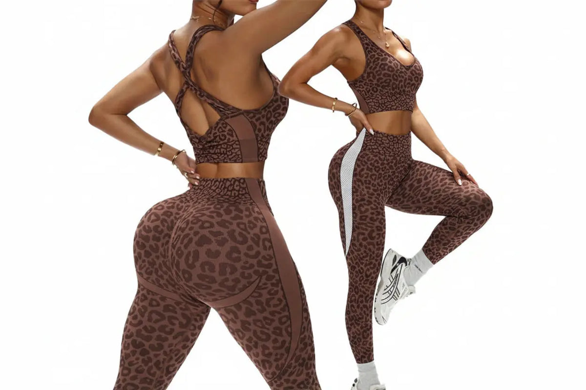 Ensemble Yoga Femme 2 Pièces - Soutien-Gorge Dos Croisé et Legging Imprimé Léopard Sans Couture - 25SOC322