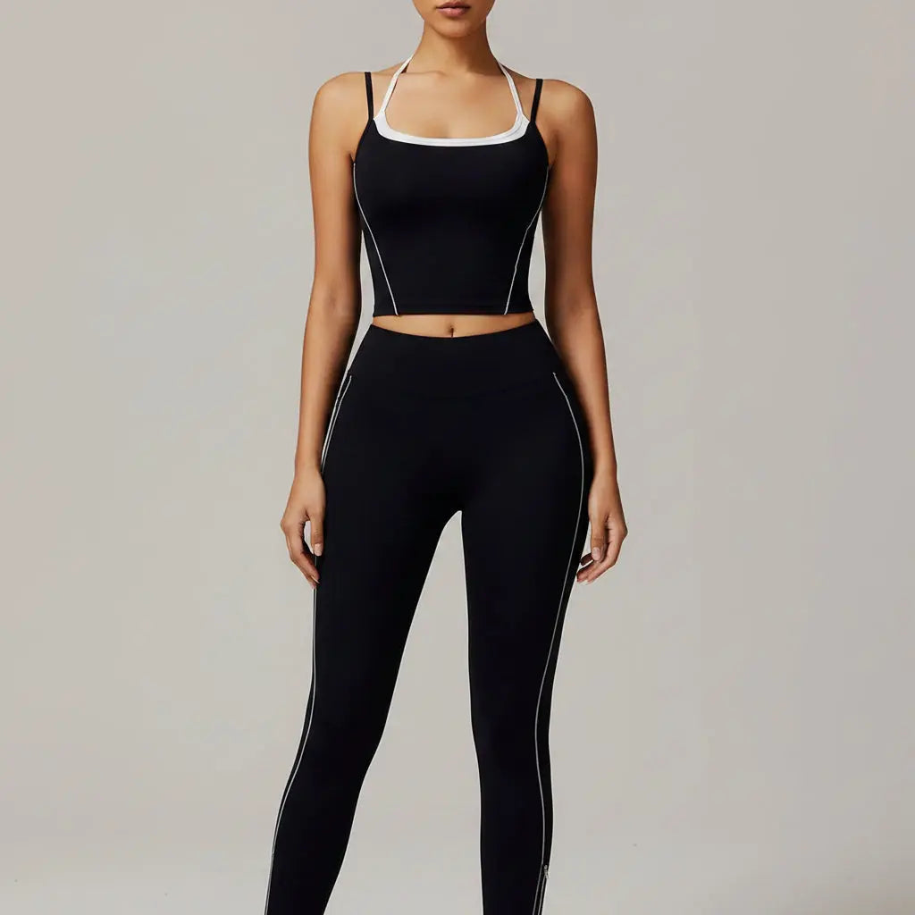 Ensemble Yoga Femme 2 Pièces Sans Manches Taille Haute - Débardeur Col Halter et Short Respirant - DBX5009