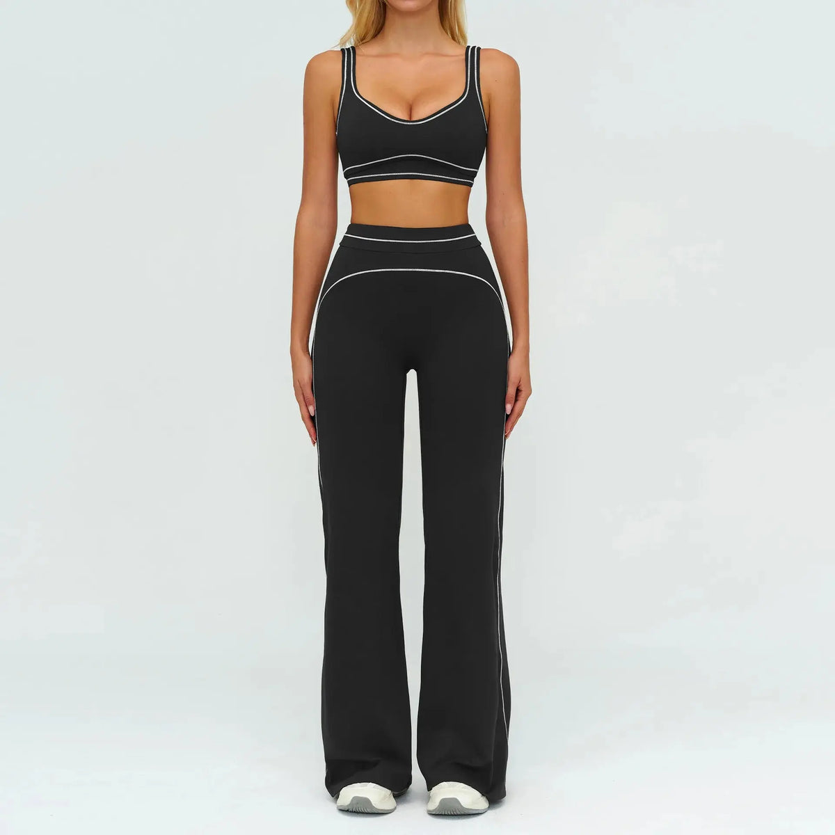 Ensemble Fitness Femme Color Block Sans Manches - Dos Nu et Pantalon Évasé