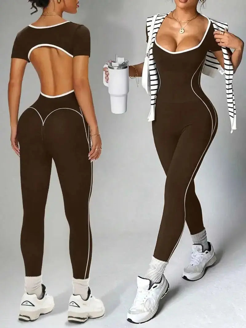 Combinaison Yoga Femme Sans Couture à Dos Nu - Taille Haute et Manches Courtes