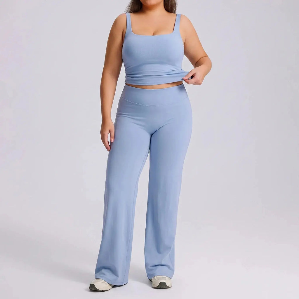 Ensemble Fitness Femme Grande Taille Col Carré - Haut Sans Manches et Pantalon Évasé