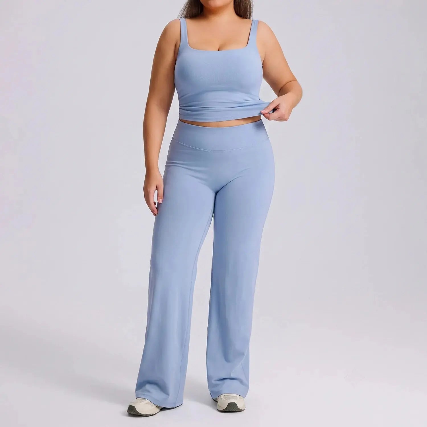 Ensemble Fitness Femme Grande Taille Col Carré - Haut Sans Manches et Pantalon Évasé