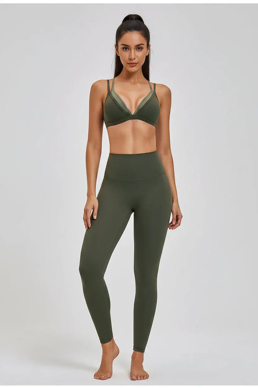 Ensemble Yoga Femme 2 Pièces - Legging Taille Haute et Soutien-Gorge Triangle à Bretelles Doubles Contraste - YST-016
