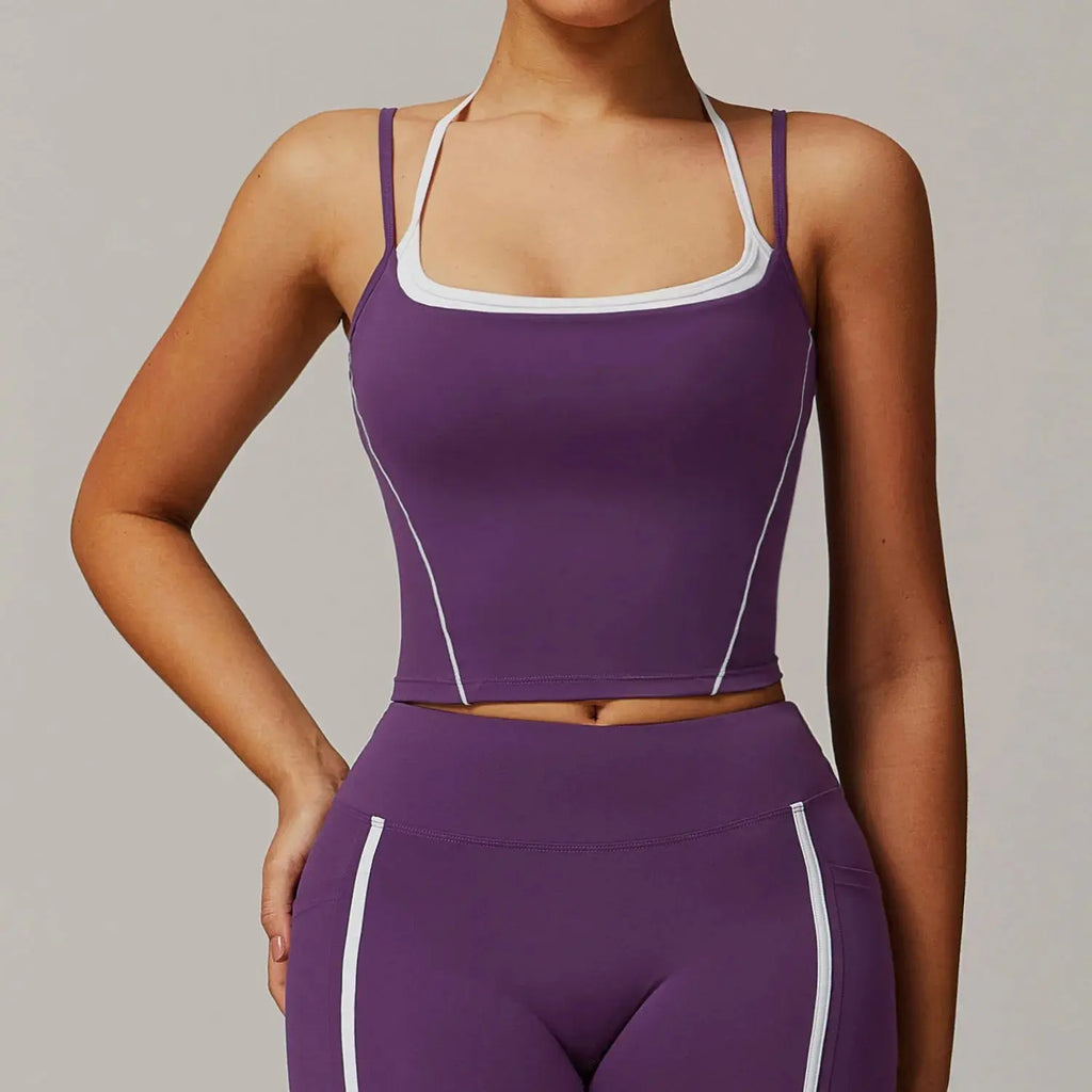 Ensemble Yoga Femme 2 Pièces Sans Manches Taille Haute - Débardeur Col Halter et Short Respirant - DBX5009