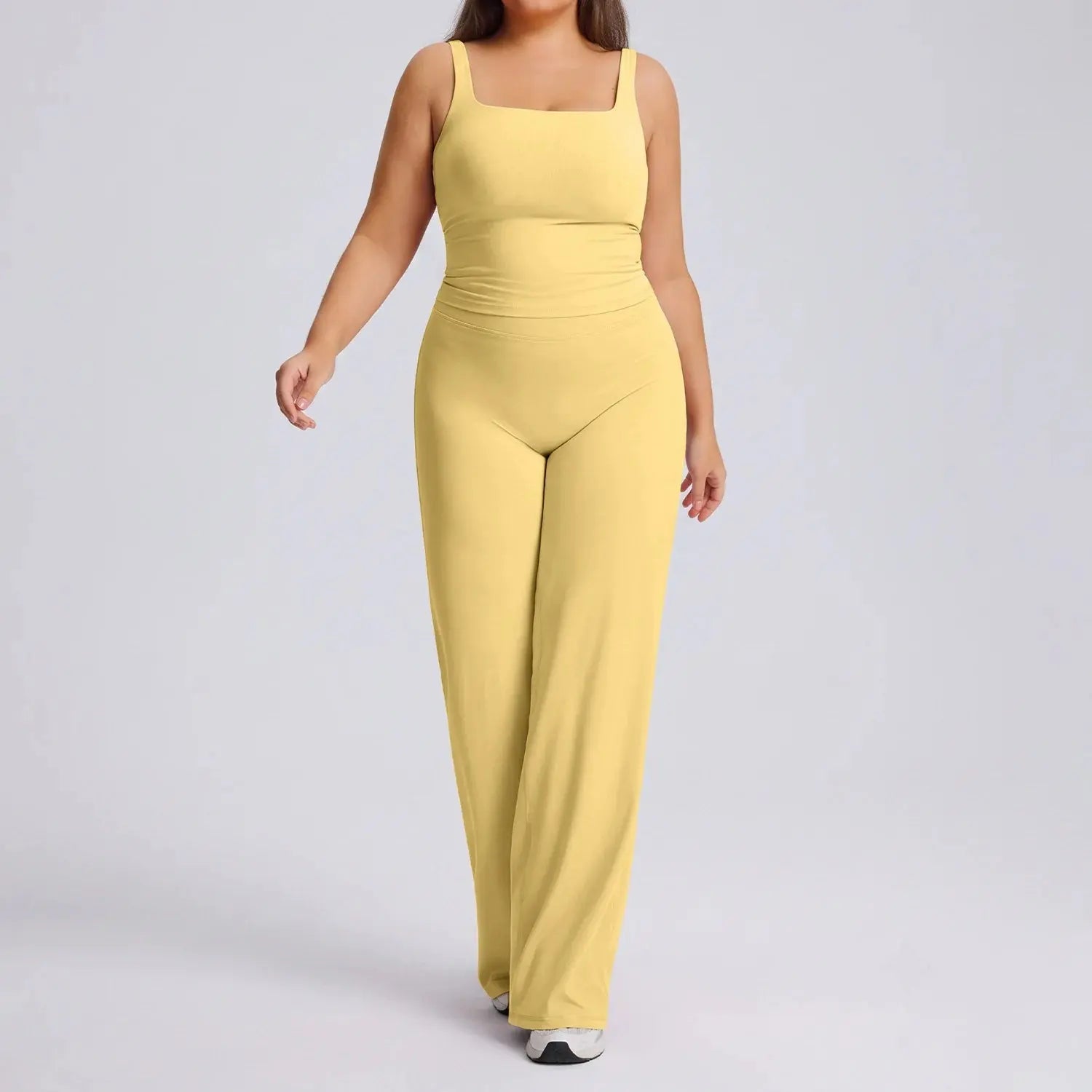 Ensemble Fitness Femme Grande Taille Col Carré - Haut Sans Manches et Pantalon Évasé