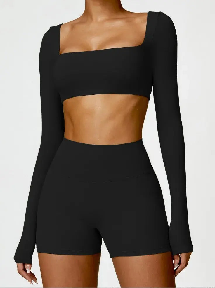 Ensemble Sport Femme 2 Pièces - Soutien-Gorge à Manches Longues et Short Taille Haute - 004