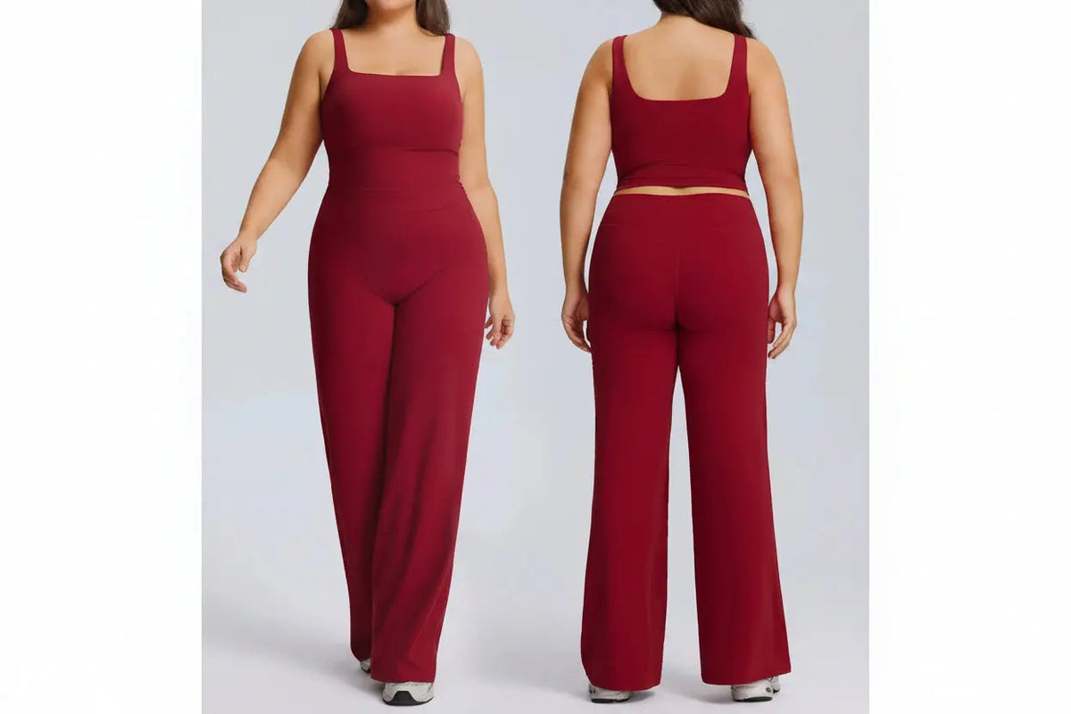 Ensemble Fitness Femme Grande Taille Col Carré - Haut Sans Manches et Pantalon Évasé
