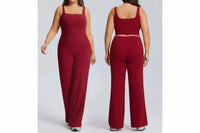 Ensemble Fitness Femme Grande Taille Col Carré - Haut Sans Manches et Pantalon Évasé