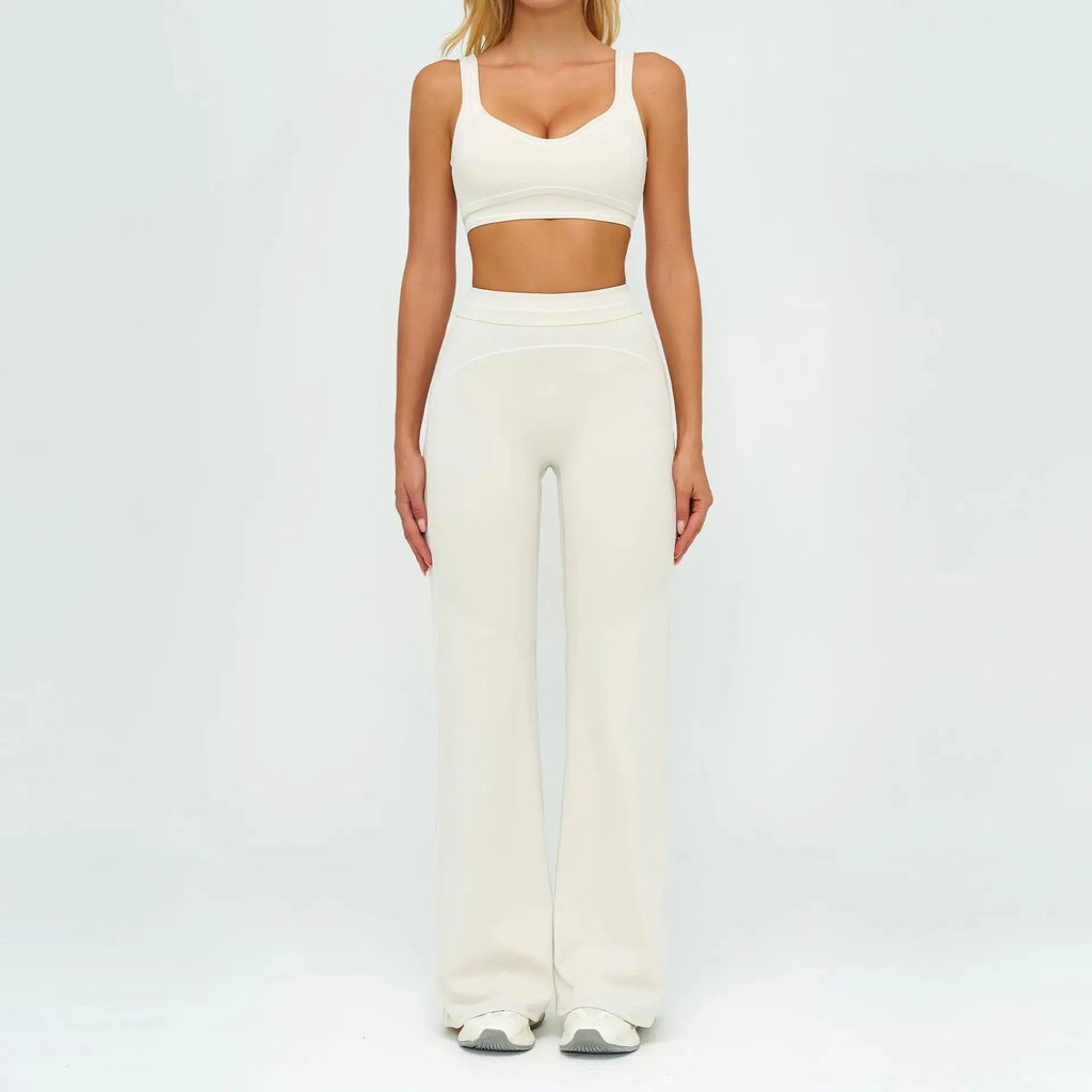 Ensemble Fitness Femme Color Block Sans Manches - Dos Nu et Pantalon Évasé