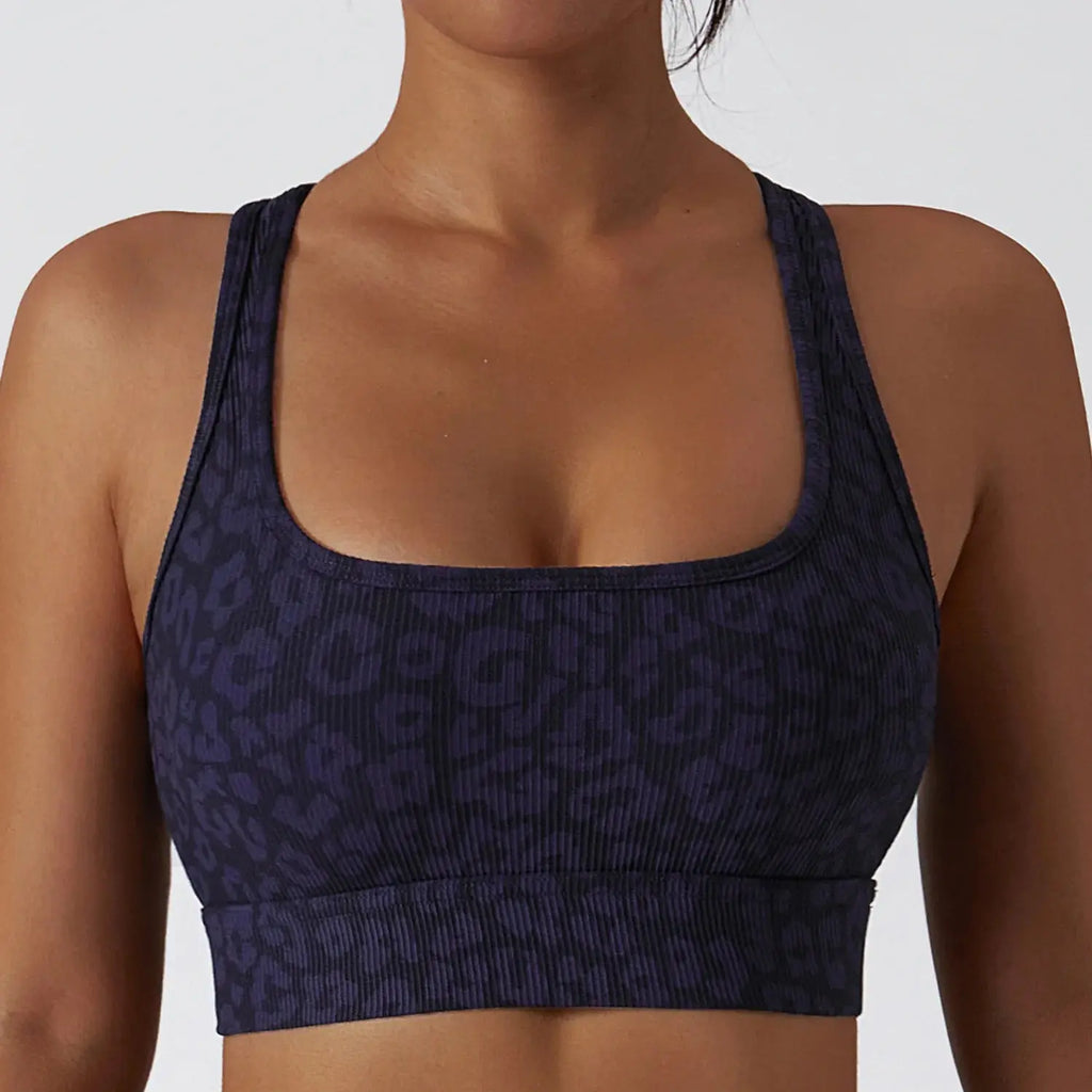 Ensemble de Yoga 2 Pièces Imprimé Léopard à Côtes pour Femme