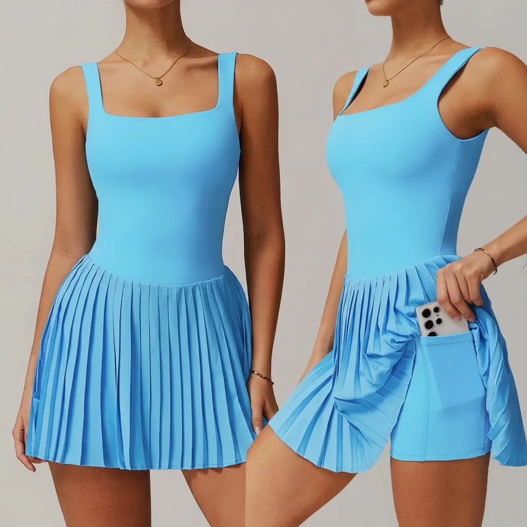 Robe de Tennis Femme à Dos Plissé - Short Intégré et Poches