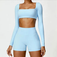 Ensemble Sport Femme 2 Pièces - Soutien-Gorge à Manches Longues et Short Taille Haute - 004