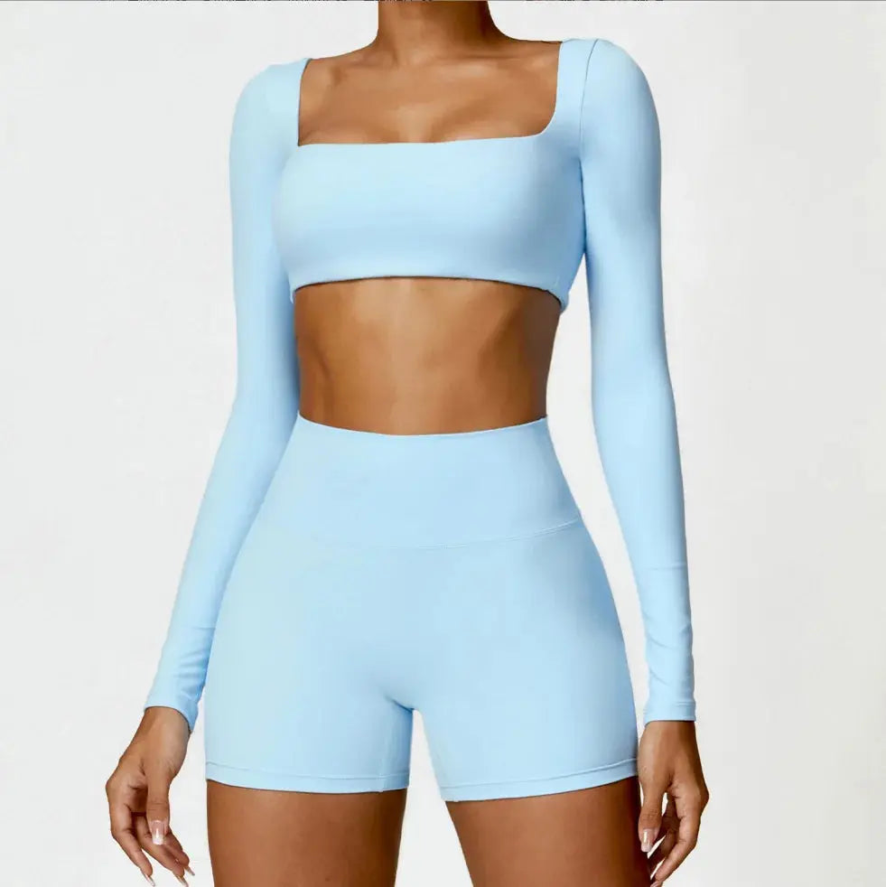 Ensemble Sport Femme 2 Pièces - Soutien-Gorge à Manches Longues et Short Taille Haute - 004