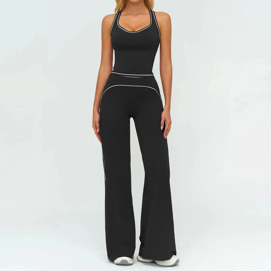 Ensemble Fitness Femme Sans Manches à Rayures Contrastées - Col en V