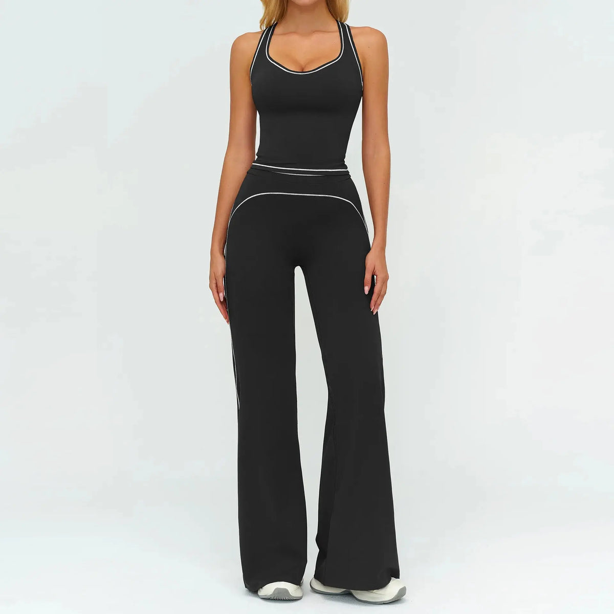 Ensemble Fitness Femme Sans Manches à Rayures Contrastées - Col en V