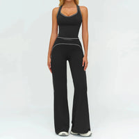 Ensemble Fitness Femme Sans Manches à Rayures Contrastées - Col en V