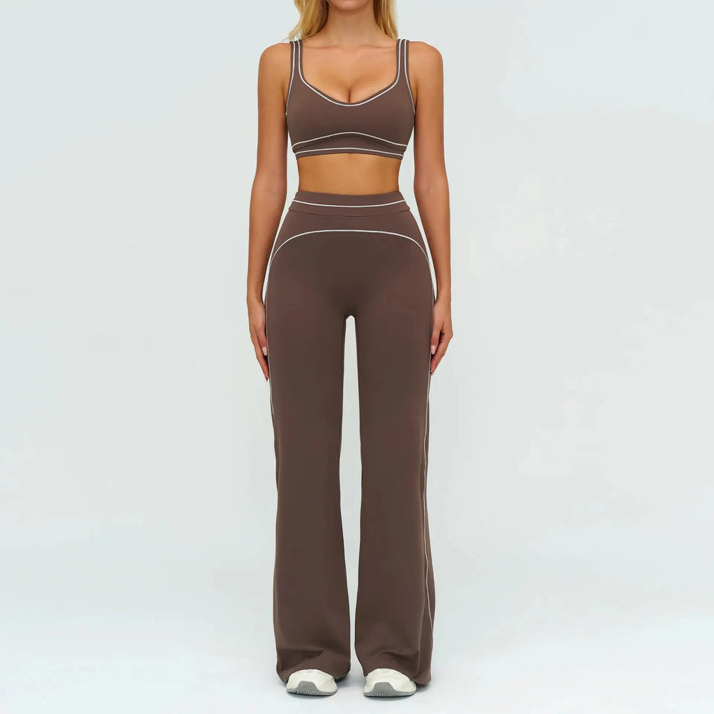 Ensemble Fitness Femme Color Block Sans Manches - Dos Nu et Pantalon Évasé