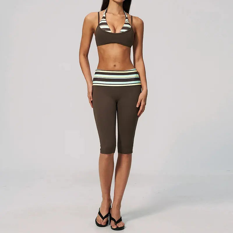 Ensemble Fitness Femme 2 Pièces Col Halter Bloc Couleur Séchage Rapide - BM-S2347
