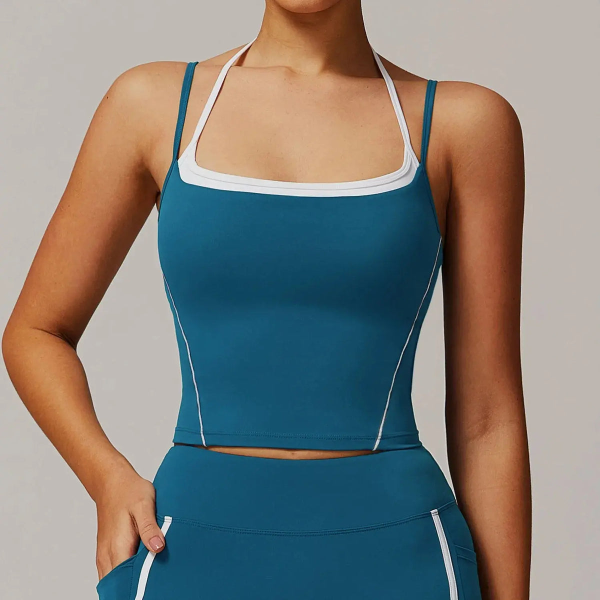 Ensemble Yoga Femme 2 Pièces Sans Manches Taille Haute - Débardeur Col Halter et Short Respirant - DBX5009