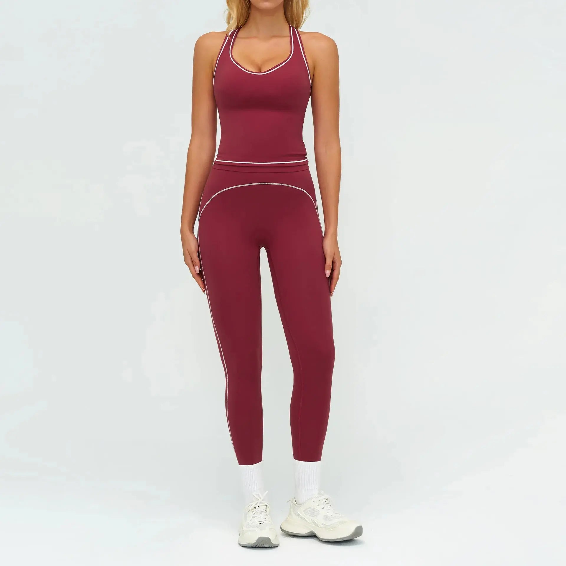 Ensemble Fitness Femme Sans Manches à Rayures Contrastées - Col en V