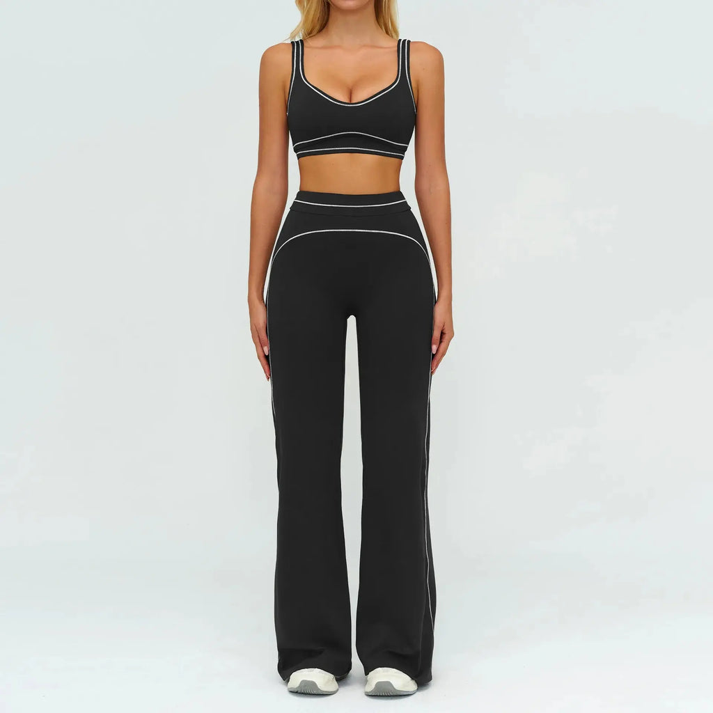 Ensemble Fitness Femme Color Block Sans Manches - Dos Nu et Pantalon Évasé