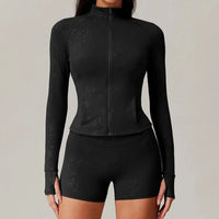 Ensemble Yoga Femme 2 Pièces - Veste Zip Col Montant et Short Taille Haute