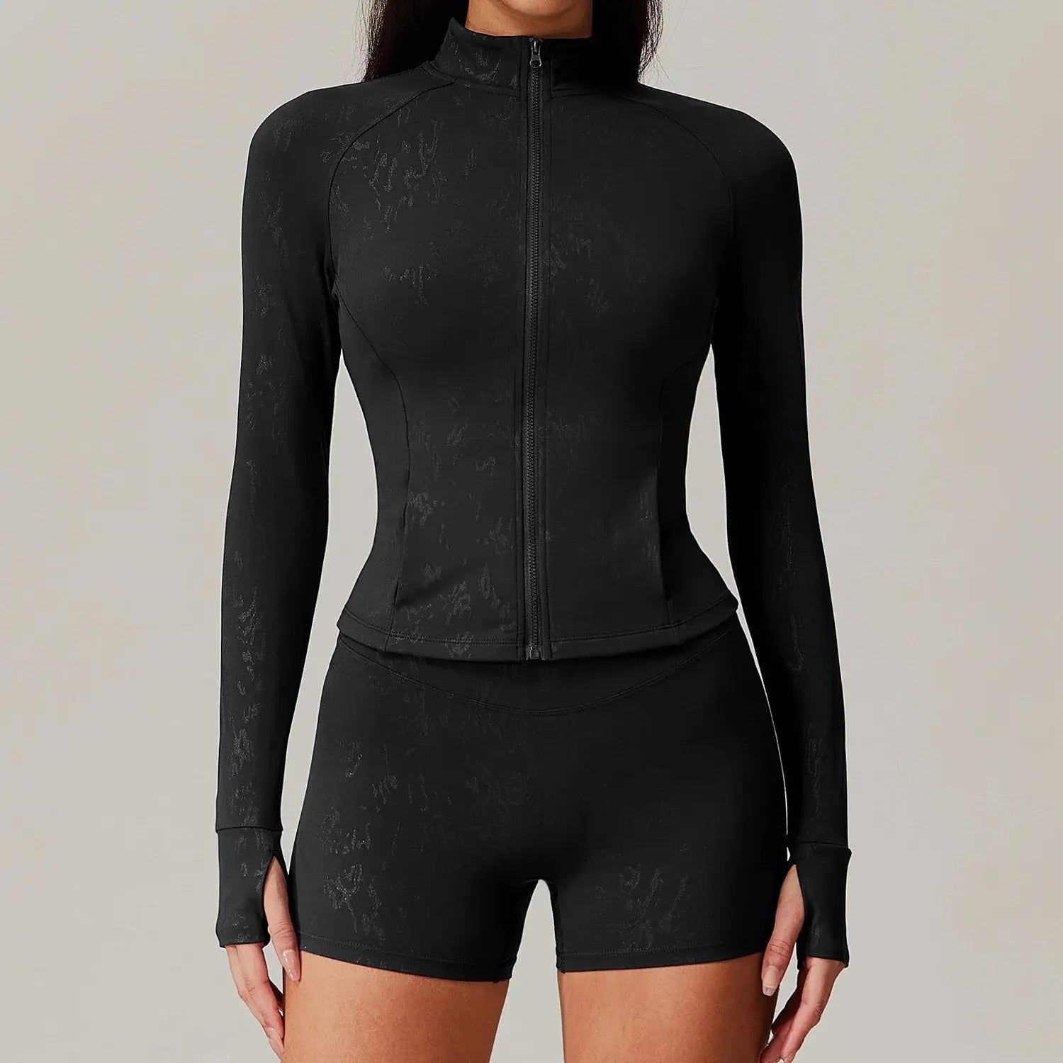 Ensemble Yoga Femme 2 Pièces - Veste Zip Col Montant et Short Taille Haute