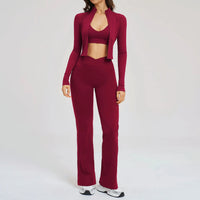 Ensemble Yoga Femme 3 Pièces - Veste Crop Manches Longues et Pantalon Large Taille Haute