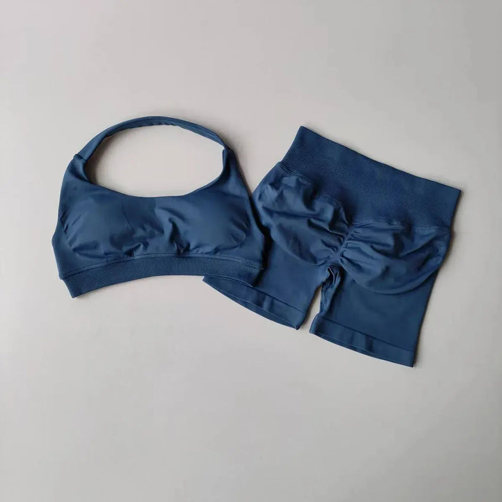 Ensemble Sport Femme 2 Pièces - Soutien-Gorge Col Halter Sans Manches et Short Taille Haute - TZ606