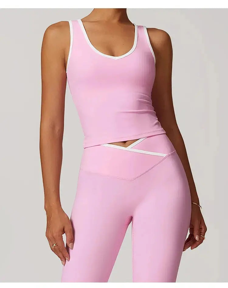 Ensemble Yoga Femme 2 Pièces - Débardeur Sans Manches et Short Taille Haute Contraste - 1601819039506
