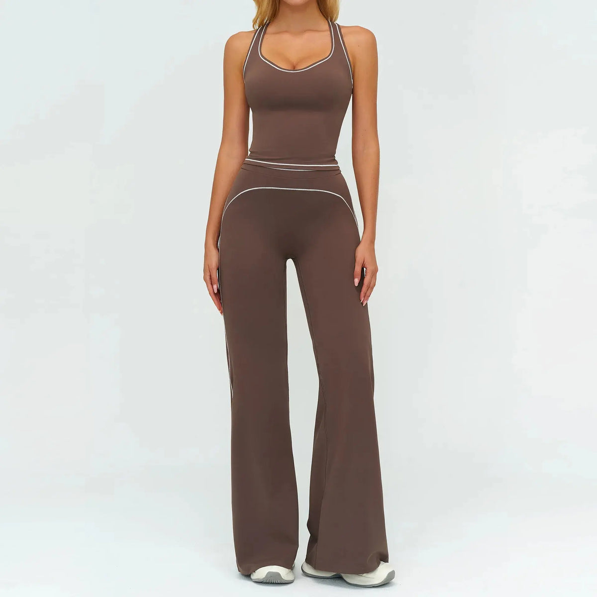 Ensemble Fitness Femme Sans Manches à Rayures Contrastées - Col en V
