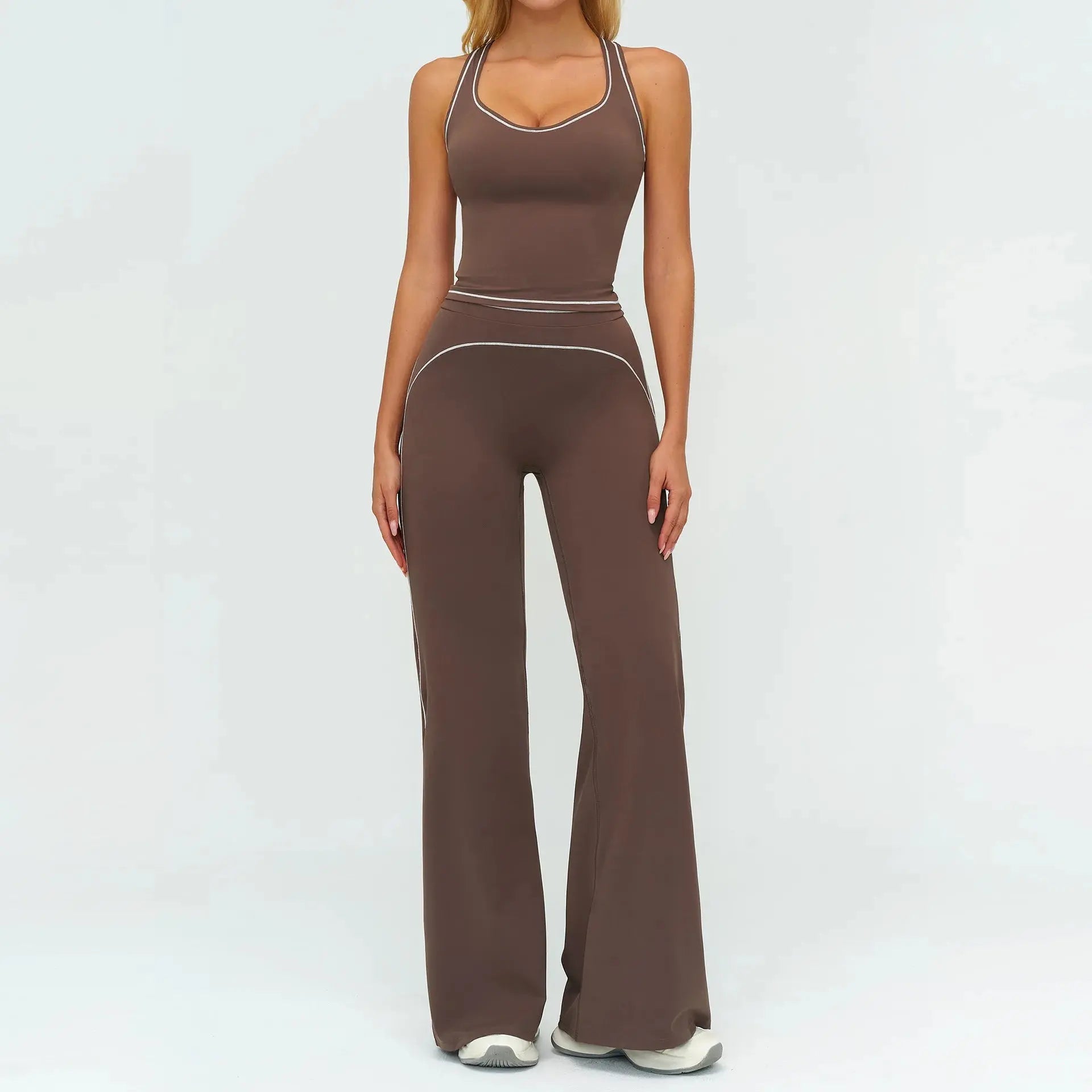 Ensemble Fitness Femme Sans Manches à Rayures Contrastées - Col en V