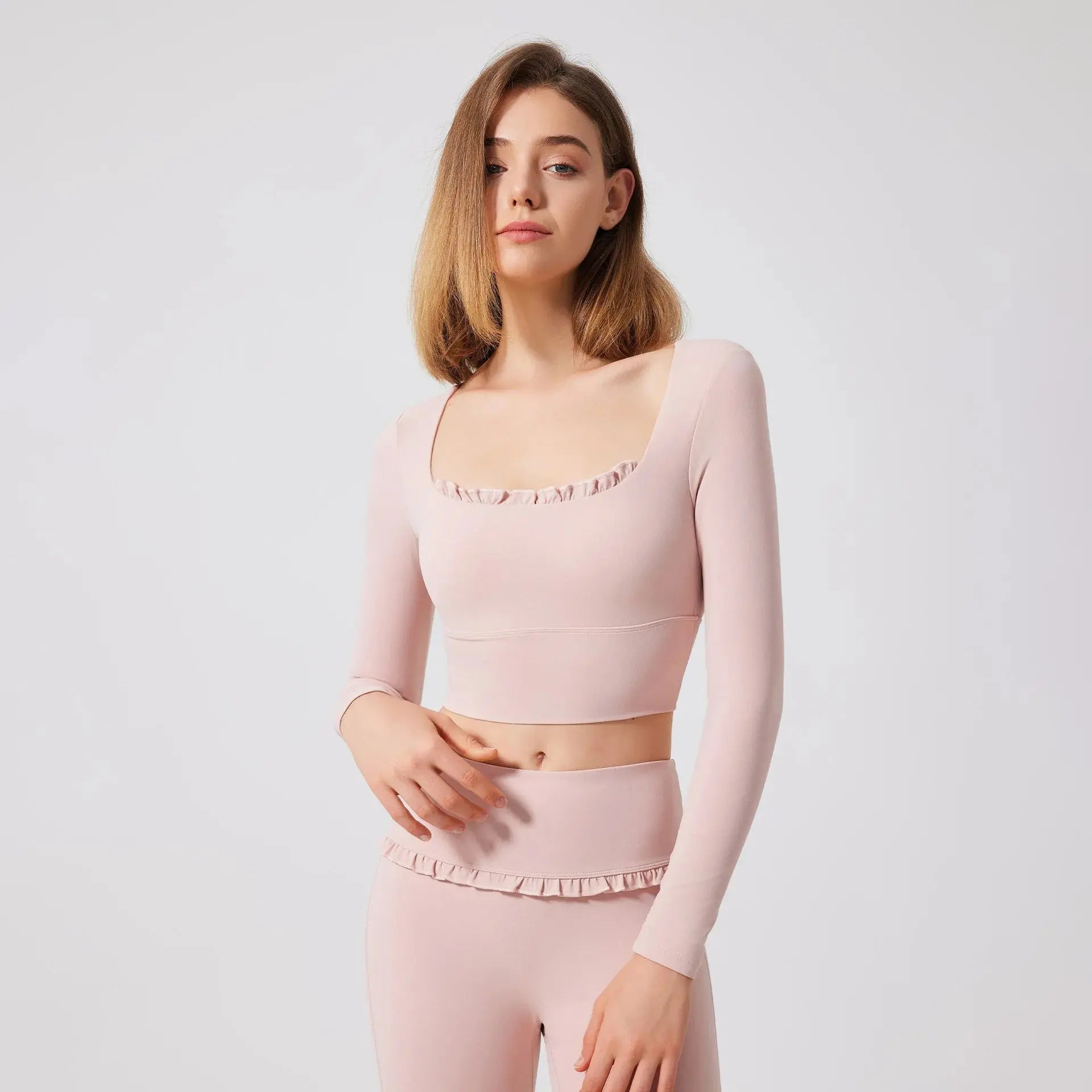 Ensemble de Yoga Femme en Dentelle Col Carré - Top à Manches Longues et Pantalon Évasé