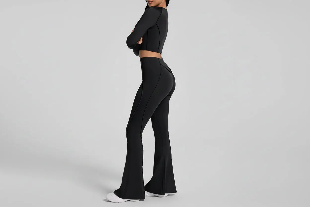 Ensemble Deux Pièces Yoga Femme Automne Manches Longues Pantalon Évasé - YY082