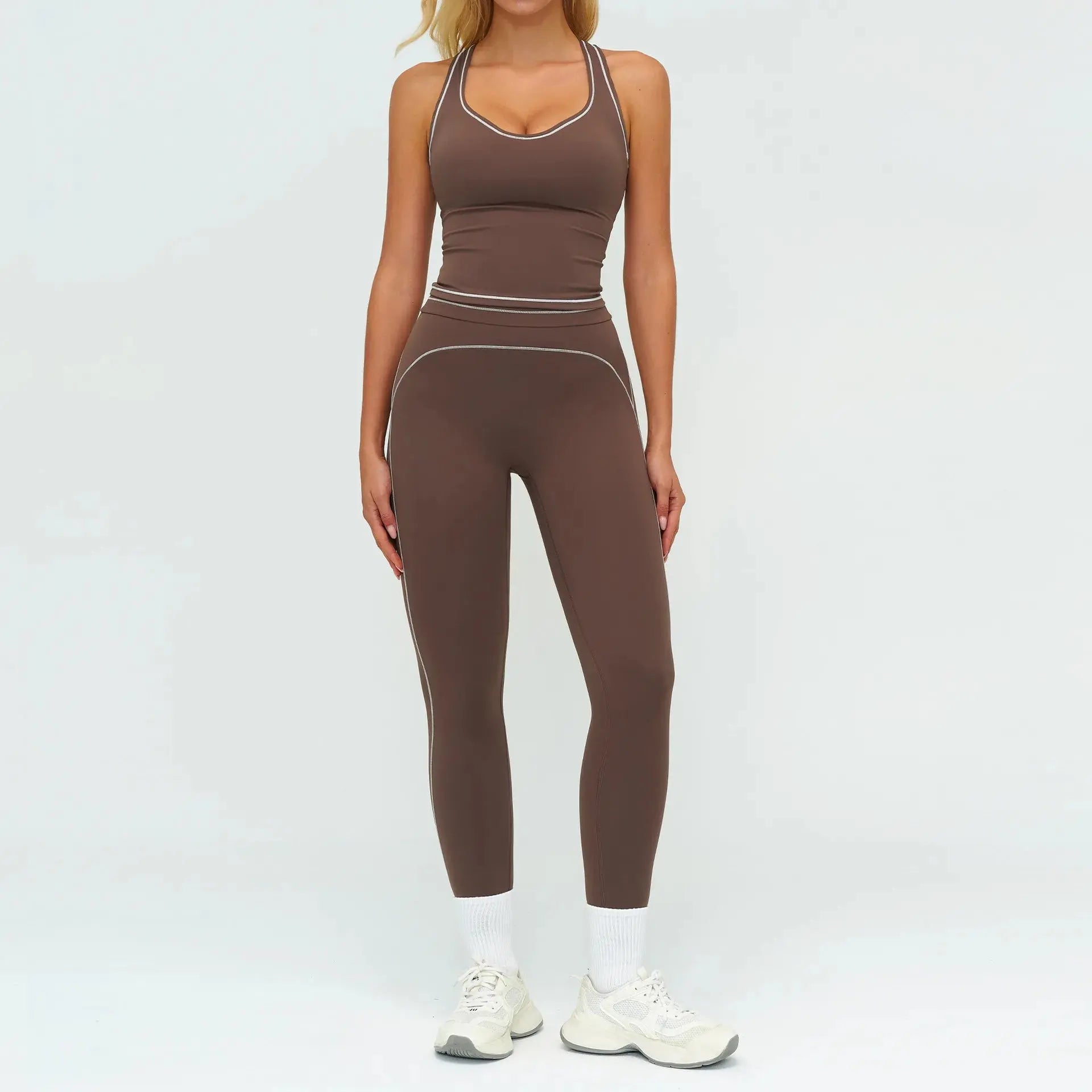 Ensemble Fitness Femme Sans Manches à Rayures Contrastées - Col en V