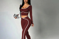 Ensemble Sport Femme 2 Pièces - Haut à Manches Longues Col Halter et Legging Taille Haute Contraste - tz4218