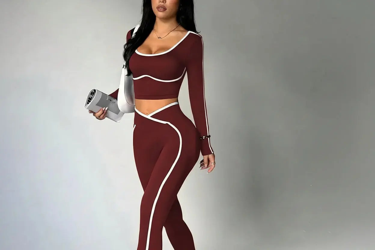 Ensemble Sport Femme 2 Pièces - Haut à Manches Longues Col Halter et Legging Taille Haute Contraste - tz4218