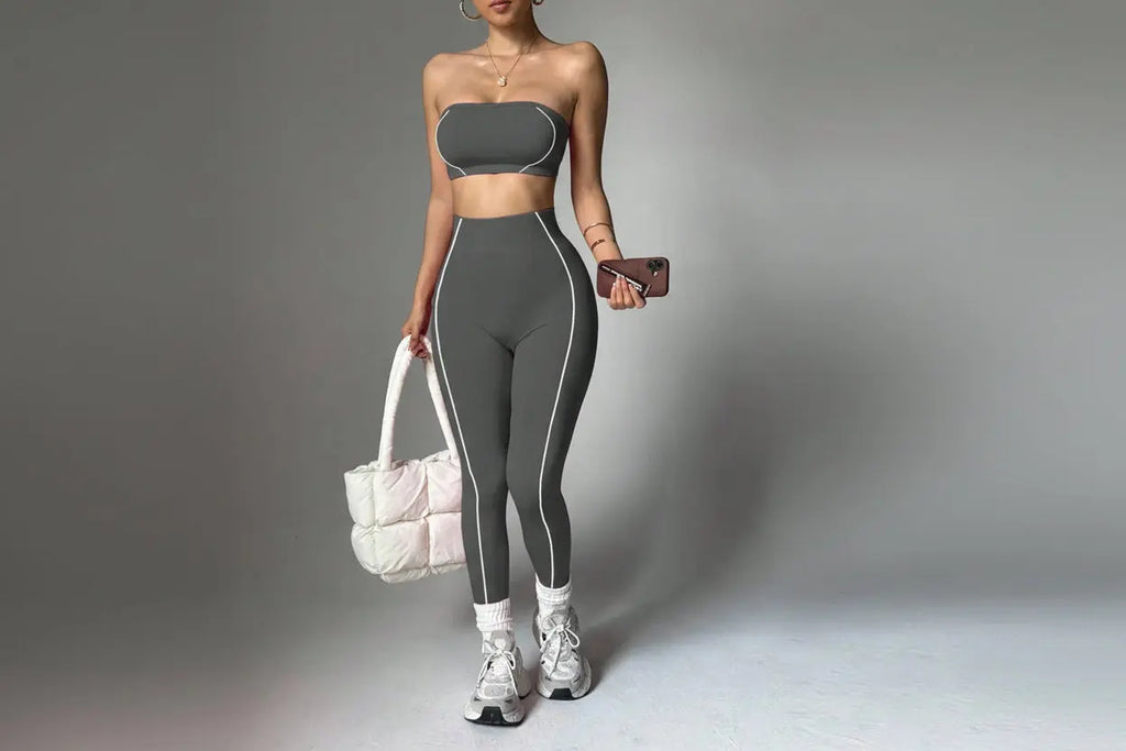 Ensemble Yoga Femme 2 Pièces - Soutien-Gorge Sans Bretelles et Legging Taille Haute