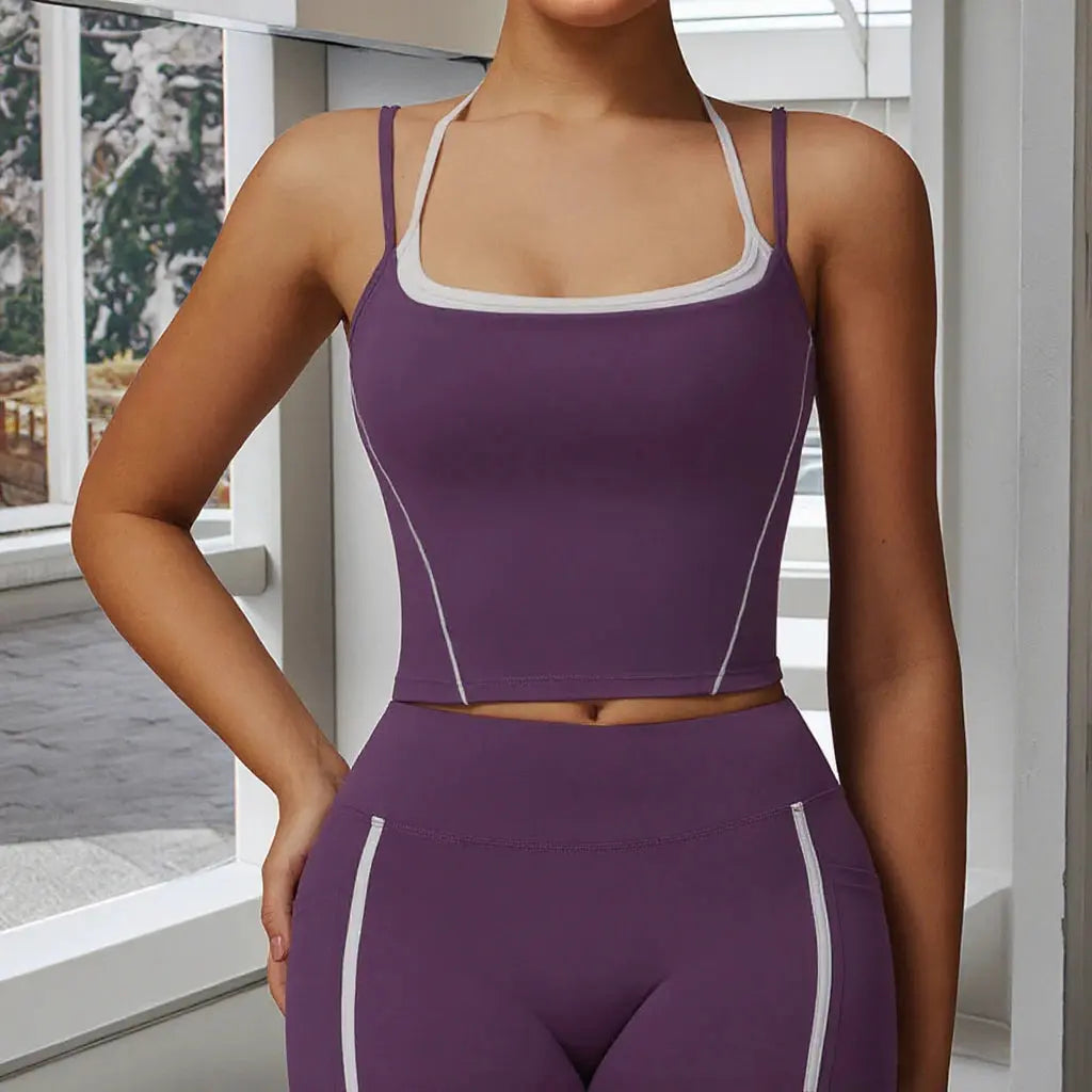 Ensemble Yoga Femme 2 Pièces Sans Manches Taille Haute - Débardeur Col Halter et Short Respirant - DBX5009