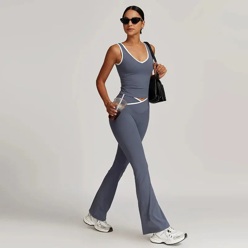 Ensemble Yoga Femme 2 Pièces - Débardeur Sans Manches et Short Taille Haute Contraste - 1601819039506