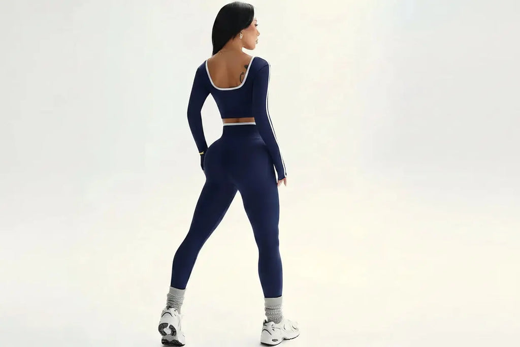Ensemble Sport Femme 2 Pièces - Haut à Manches Longues Col Halter et Legging Taille Haute Contraste - tz4218