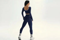 Ensemble Sport Femme 2 Pièces - Haut à Manches Longues Col Halter et Legging Taille Haute Contraste - tz4218
