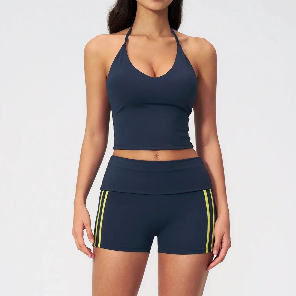 Ensemble Fitness Femme à Bretelles en T - Short Taille Haute Repliable