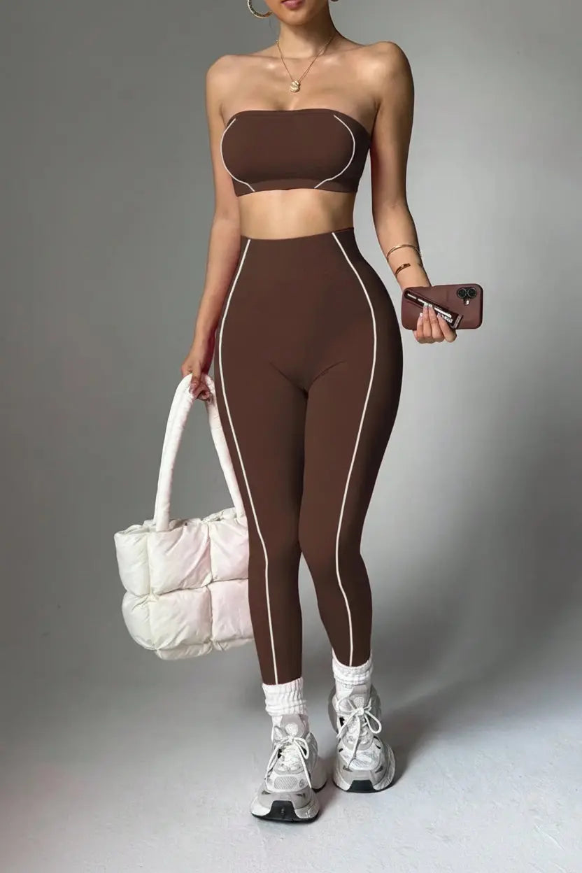 Ensemble Yoga Femme 2 Pièces - Soutien-Gorge Sans Bretelles et Legging Taille Haute