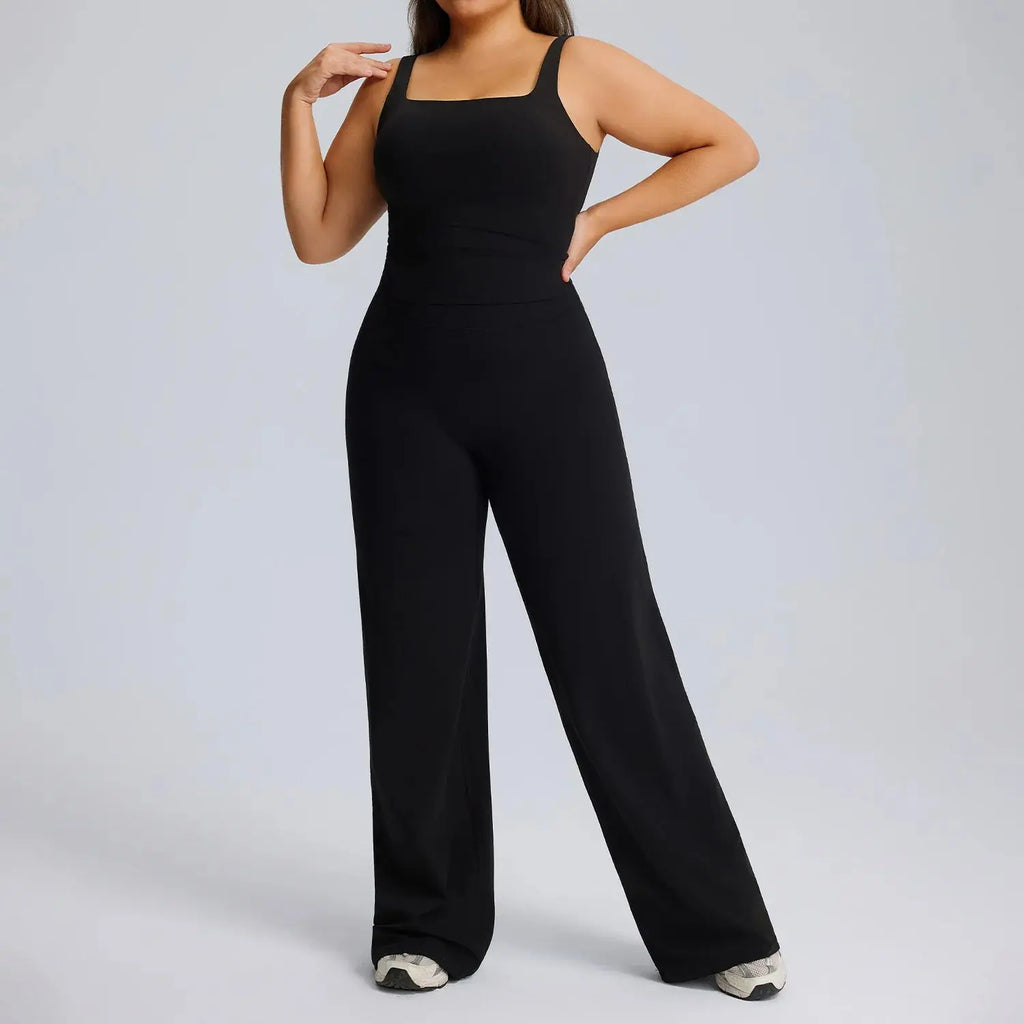 Ensemble Fitness Femme Grande Taille Col Carré - Haut Sans Manches et Pantalon Évasé